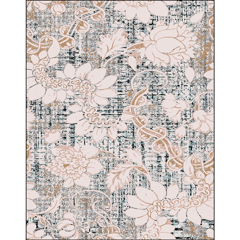 Sikunuo | Washed white floral patterned carpet with leaf pink shabby chic carpet washable polyester non-slip backing doormat for bedroom
