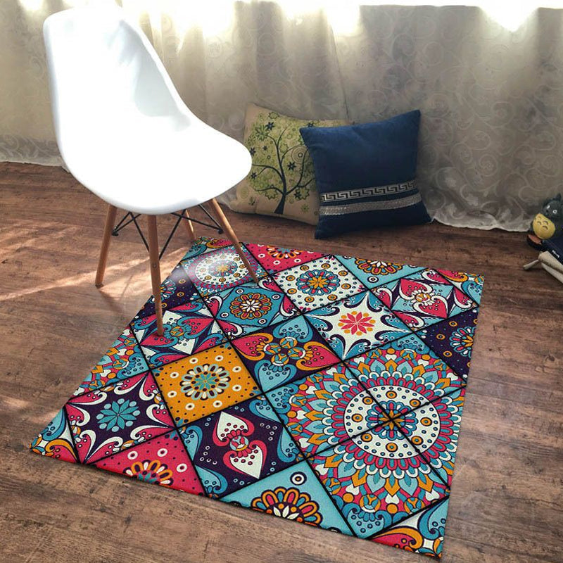 Sikunuo | Moroccan Living Room Rug Colorful Flowers Diamond Circle Print Rug Polyester Non-Slip Washable Area Rug