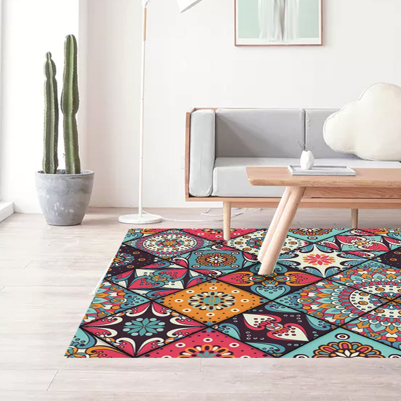 Sikunuo | Moroccan Living Room Rug Colorful Flowers Diamond Circle Print Rug Polyester Non-Slip Washable Area Rug