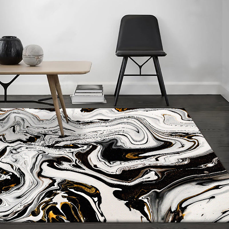 Sikunuo | Black and White Bedroom Rug Modern Abstract Twisted Lines Pattern Area Rug Polyester Non-Slip Machine Washable Carpet