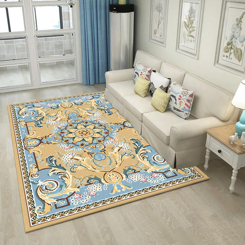 Sikunuo | Mediterranean Moroccan Carpet in Brown Floral Pattern Carpet Polyester Non-Slip Washable Living Room Carpet for Home Decor