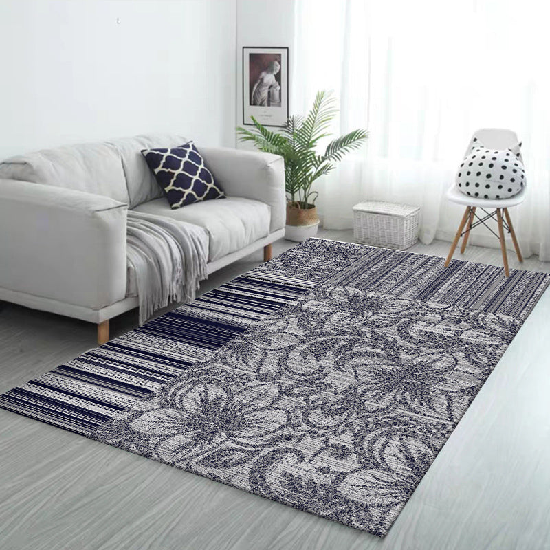 Sikunuo | Shabby Chic Flower Pattern Rug with Stripes Dark Gray Polyester Rug Machine Washable Non-Slip Rug for the Living Room