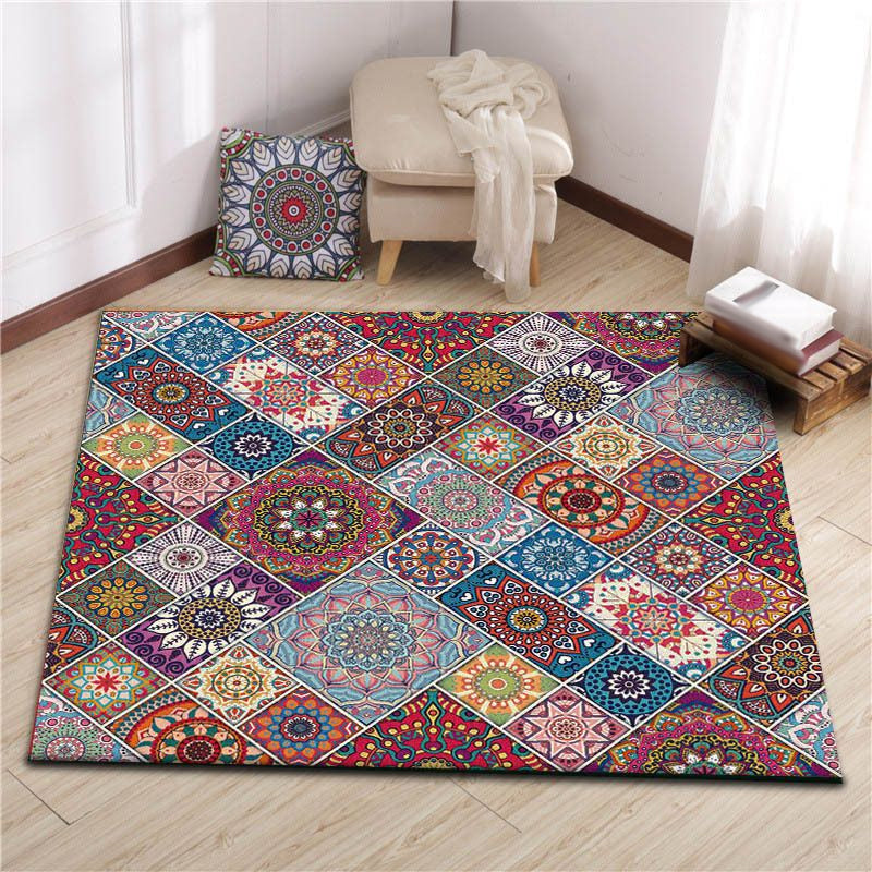 Sikunuo | Colorful Bedroom Carpet Moroccan Tiles Carpet Polyester Non-slip Backing Carpet