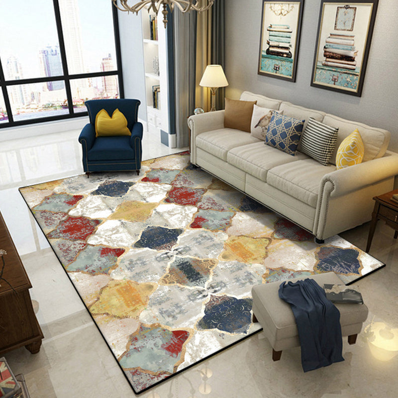 Sikunuo | Ivory Bedroom Rug Moroccan Geometric Pattern Area Rug Polyester Non-Slip Back Pet-Friendly Rug