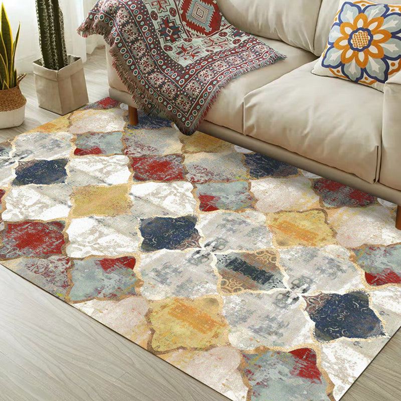 Sikunuo | Ivory Bedroom Rug Moroccan Geometric Pattern Area Rug Polyester Non-Slip Back Pet-Friendly Rug