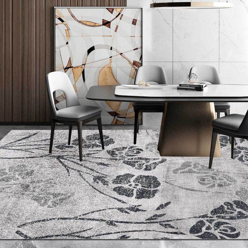 Sikunuo | Gray Shabby Chic Rug Polyester Floral Pattern Rug Washable Non-Slip Back Rug for Living Room