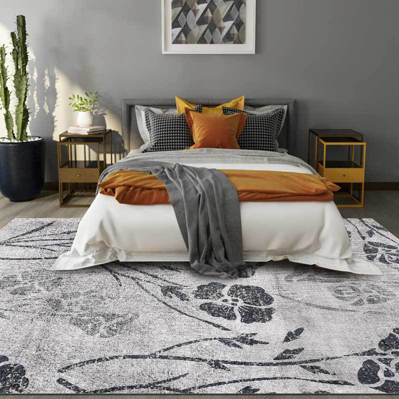 Sikunuo | Gray Shabby Chic Rug Polyester Floral Pattern Rug Washable Non-Slip Back Rug for Living Room