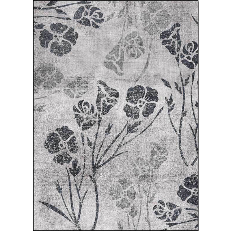 Sikunuo | Gray Shabby Chic Rug Polyester Floral Pattern Rug Washable Non-Slip Back Rug for Living Room