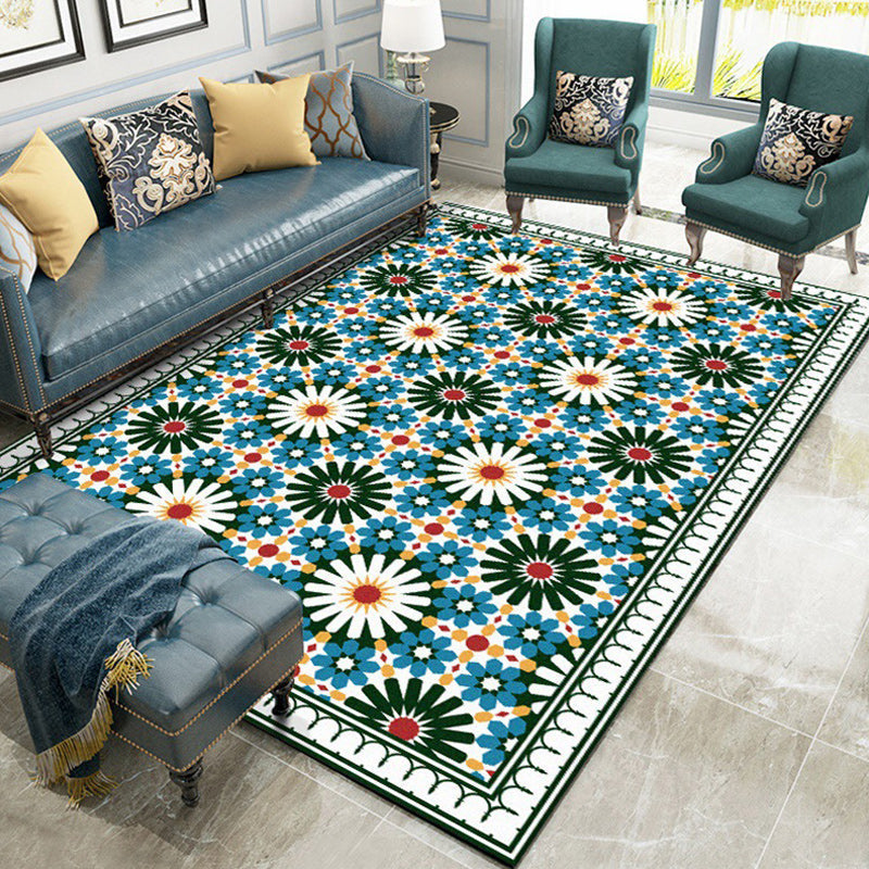 Sikunuo | Persian Moroccan rug in green geometric floral design rug made of Polyester pet-friendly rug for home decor