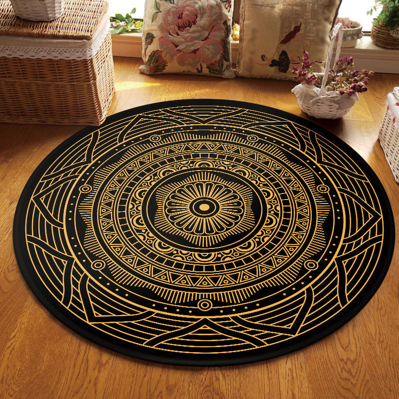 Sikunuo | Moroccan Living Room Carpet with Black Circle-Triangle Pattern Carpet Polyester Stain-Resistant Area Rug