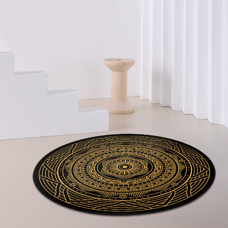 Sikunuo | Moroccan Living Room Carpet with Black Circle-Triangle Pattern Carpet Polyester Stain-Resistant Area Rug