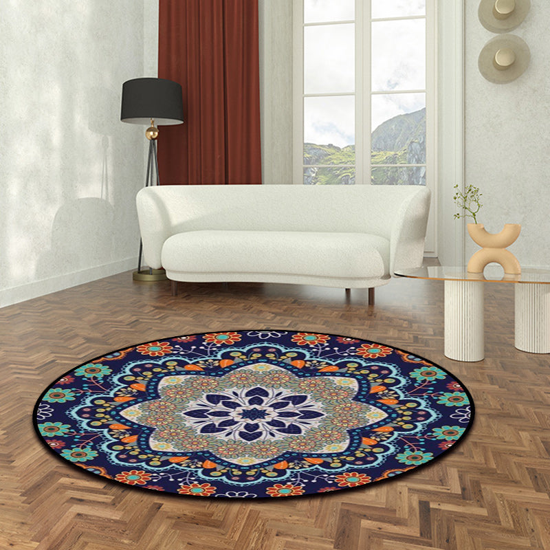 Sikunuo | Mediterranean Moroccan rug in blue floral pattern rug Polyester pet-friendly rug for home decoration