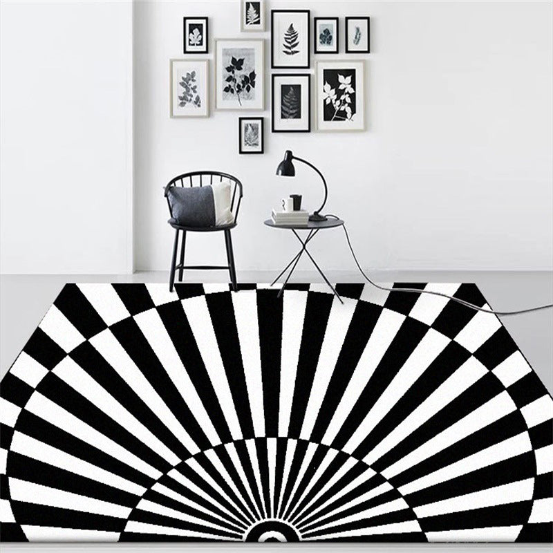 Sikunuo | Novelty Living Room Rug in Black and White 3D Half Circle Stripe Print Rug Polyester Pet Friendly Washable Area Rug