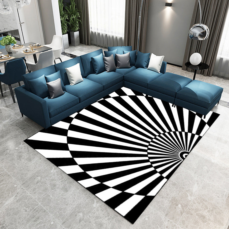 Sikunuo | Novelty Living Room Rug in Black and White 3D Half Circle Stripe Print Rug Polyester Pet Friendly Washable Area Rug