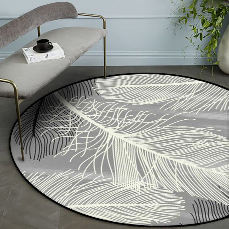Sikunuo | Gray and Black Tropical Carpet Mainly Polyester Feather Print Carpet Washable Non-Slip Back Carpet for Living Room