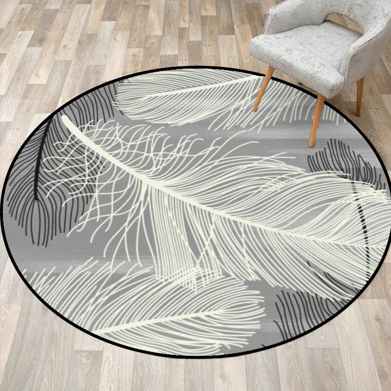 Sikunuo | Gray and Black Tropical Carpet Mainly Polyester Feather Print Carpet Washable Non-Slip Back Carpet for Living Room