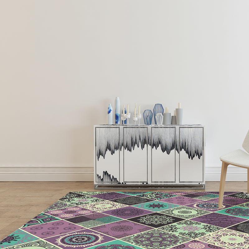 Sikunuo | Purple Bedroom Rug Moroccan Flower Diamond Pattern Area Rug Polyester Non-Slip Back Machine Washable Rug