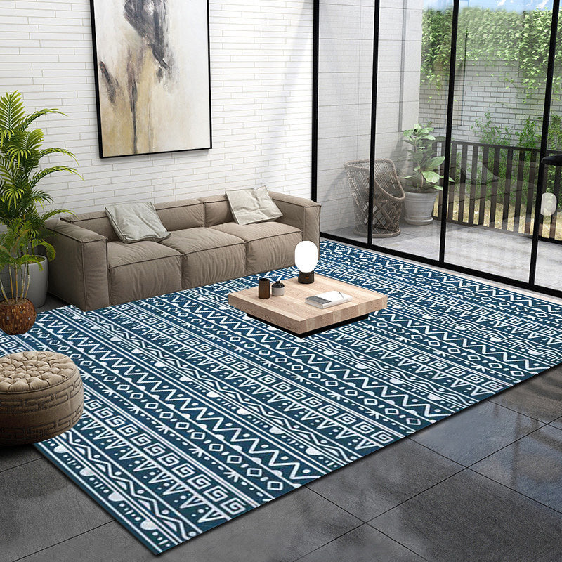 Sikunuo | American Southwestern rug in blue stripes, Greek key, wave pattern, rug, polyester, washable rug for home decor