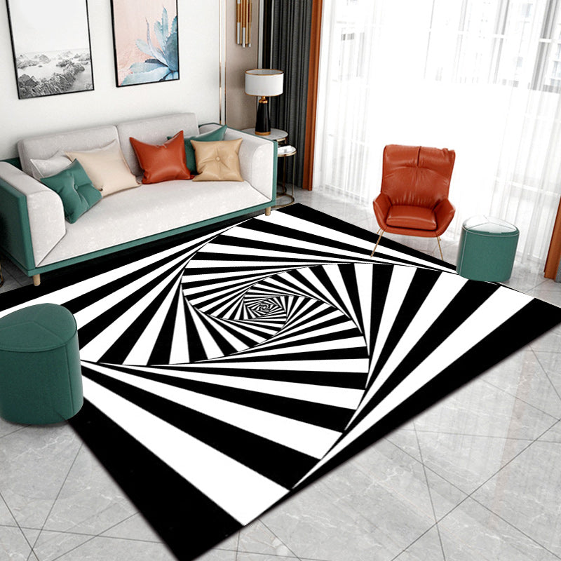 Sikunuo | Novelty Living Room Rug in Black and White 3D Stripe Pattern Rug Polyester Non-Slip Machine Washable Rug