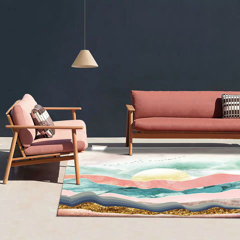 Sikunuo | Novelty Living Room Carpet Colorful Mountain Sun Bird Print Carpet Polyester Pet Friendly Stain Resistant Area Rug