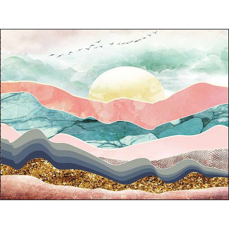 Sikunuo | Novelty Living Room Carpet Colorful Mountain Sun Bird Print Carpet Polyester Pet Friendly Stain Resistant Area Rug