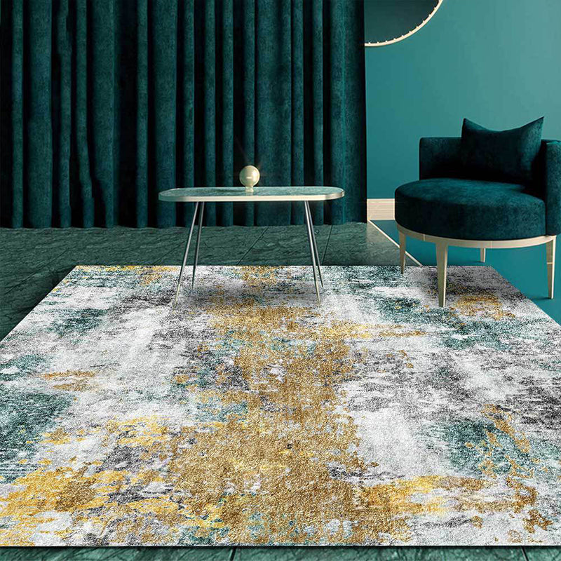Sikunuo | Unique Abstract Area Rug Gold and Green Industrial Rug Polyester Washable Non-Slip Back Area Rug for Living Room
