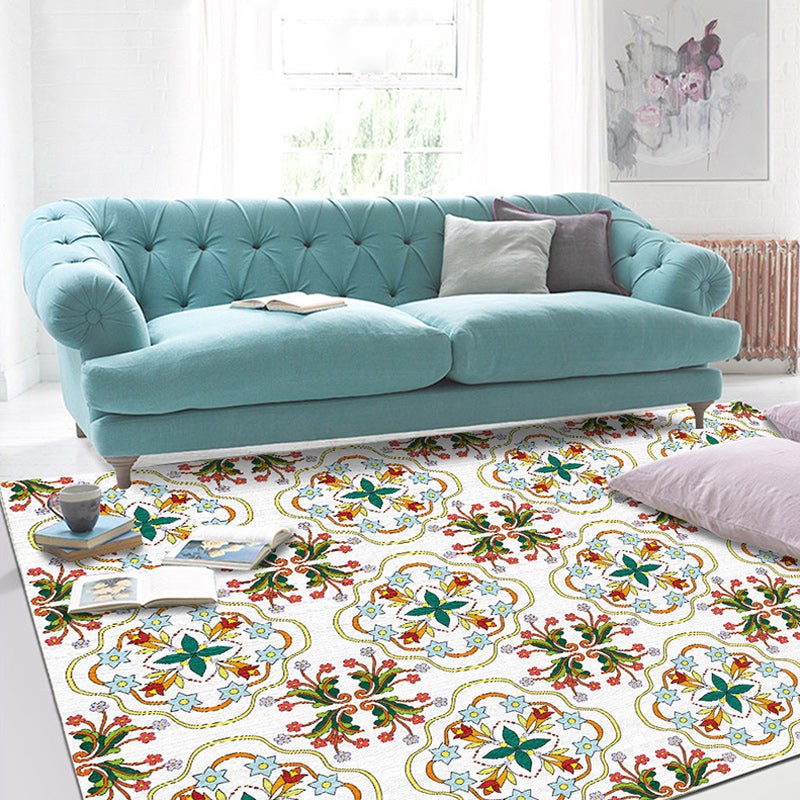 Sikunuo | Ivory Bedroom Carpet Moroccan Motif Pattern Carpet Polyester Washable Stain Resistant Carpet