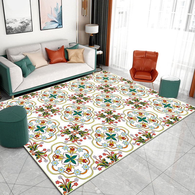 Sikunuo | Ivory Bedroom Carpet Moroccan Motif Pattern Carpet Polyester Washable Stain Resistant Carpet