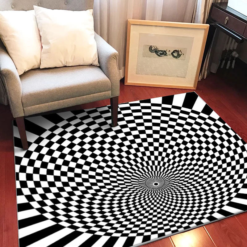 Sikunuo | Black-and-white bedroom rug novelty 3D small check pattern carpet polyester non-slip pet-friendly rug