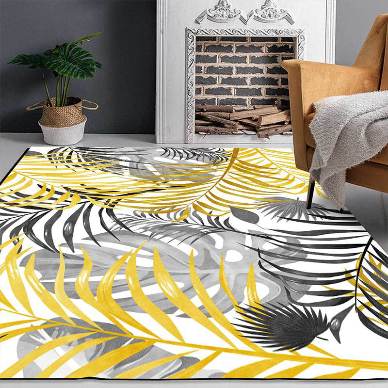 Sikunuo | Yellow and White Casual Carpet Polyester Leaf Print Carpet Washable Non-Slip Backing Rug for Living Room