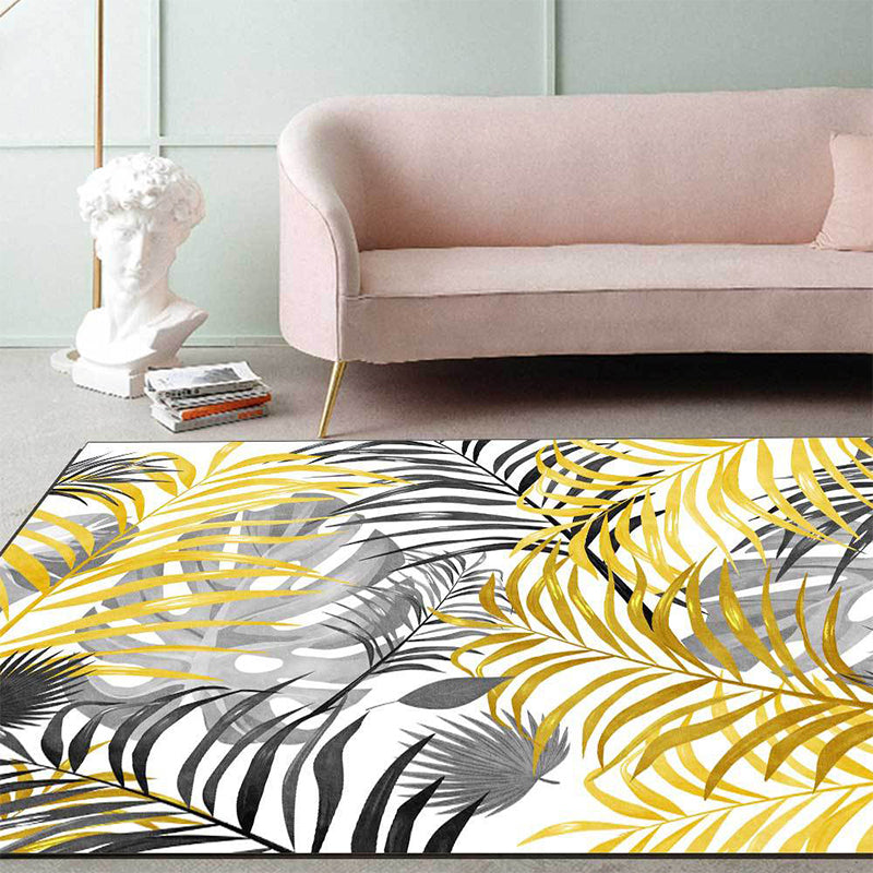 Sikunuo | Yellow and White Casual Carpet Polyester Leaf Print Carpet Washable Non-Slip Backing Rug for Living Room
