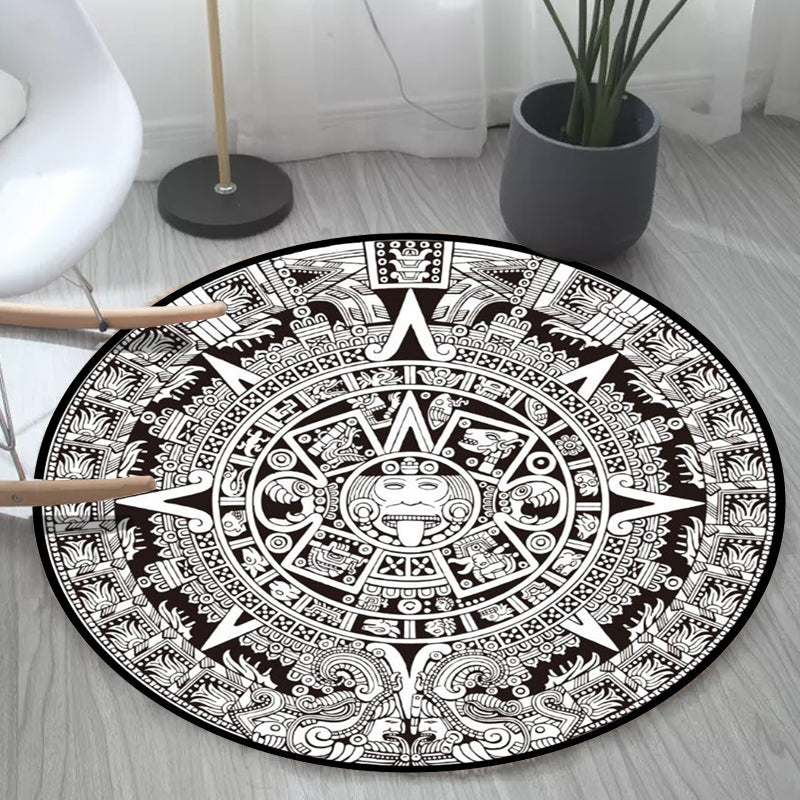 Sikunuo | Black-white Bedroom Carpet Southwestern Tribal Circle Design Carpet Polyester Non-slip Washable Carpet
