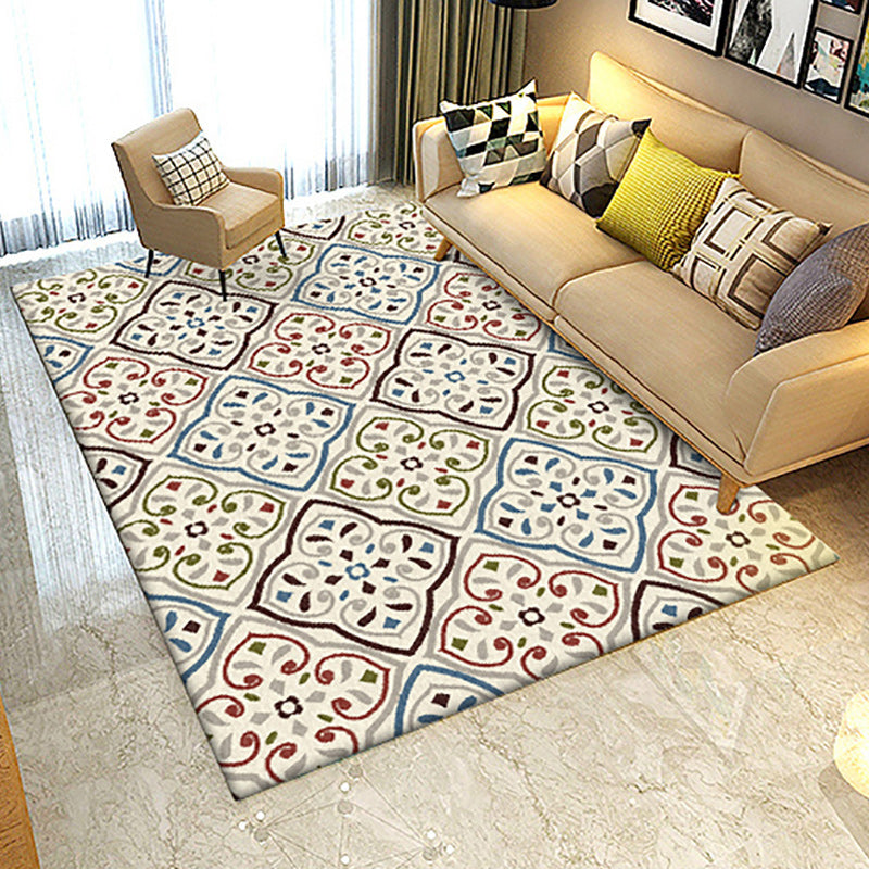 Sikunuo | Ivory Bedroom Carpet Moroccan Motif Pattern Carpet Polyester Washable Stain Resistant Carpet