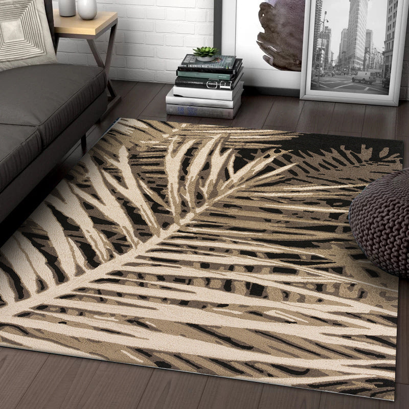 Sikunuo | Unique Leaf Pattern Carpet Brown Tropical Carpet Polyester Washable Non-Slip Back Rug for Living Room