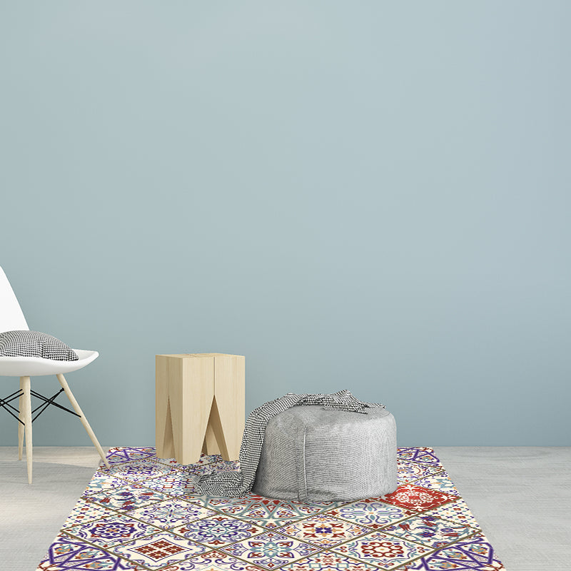 Sikunuo | Ivory Bedroom Carpet Moroccan Flower Geometric Pattern Area Rug Polyester Non-Slip Pet-Friendly Rug