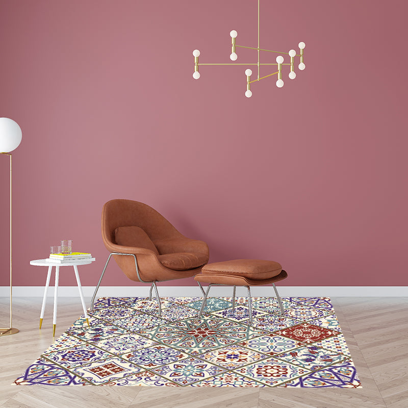 Sikunuo | Ivory Bedroom Carpet Moroccan Flower Geometric Pattern Area Rug Polyester Non-Slip Pet-Friendly Rug