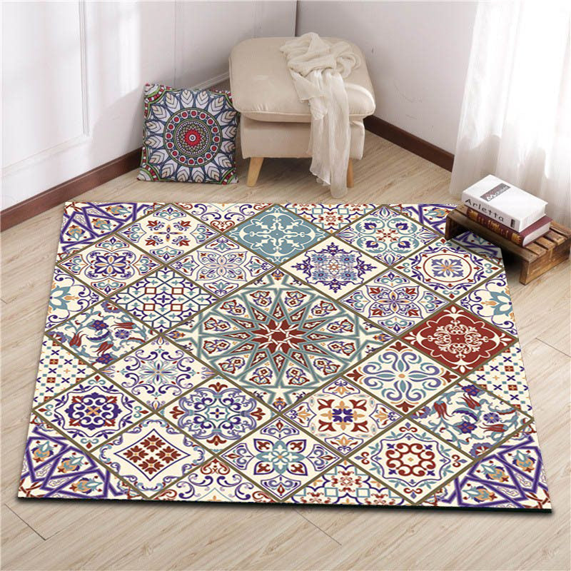 Sikunuo | Ivory Bedroom Carpet Moroccan Flower Geometric Pattern Area Rug Polyester Non-Slip Pet-Friendly Rug
