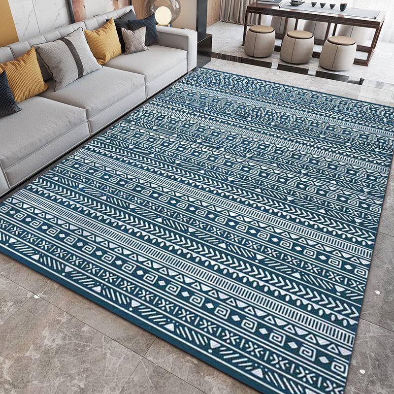 Sikunuo | Southwestern Living Room Rug with Blue Stripe Triangle Print Rug Polyester Stain Resistant Area Rug