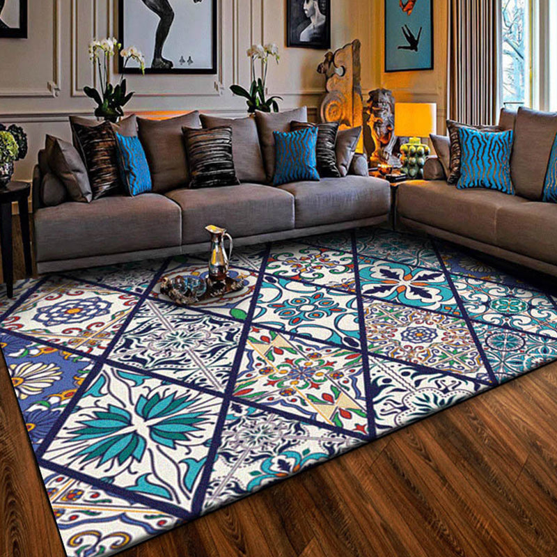 Sikunuo | American Moroccan rug in blue diamond flower pattern rug polyester non-slip washable rug for home decor