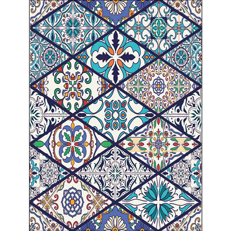 Sikunuo | American Moroccan rug in blue diamond flower pattern rug polyester non-slip washable rug for home decor