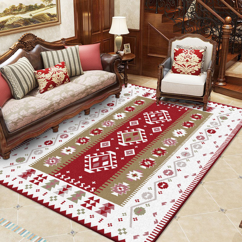 Sikunuo | Base Southwest Carpet in Red and White Diamond Wave Pattern Carpet Polyester Pet-Friendly Carpet for Home Decor
