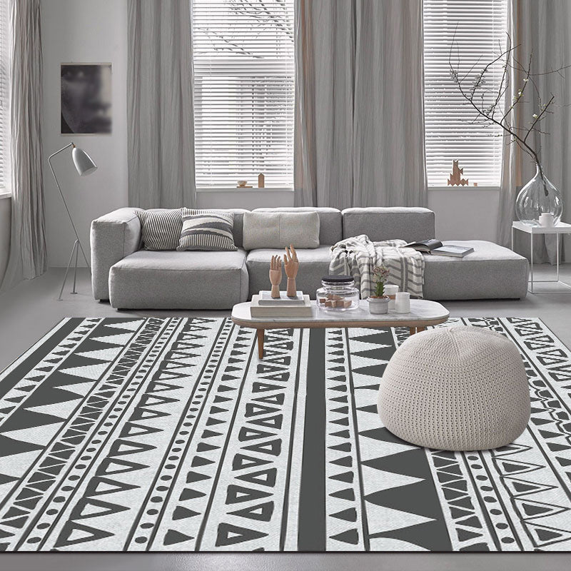 Sikunuo | Gray and Black Bedroom Rug Southwest Stripes Dots Triangle Pattern Area Rug Polyester Non-Slip Back Rug