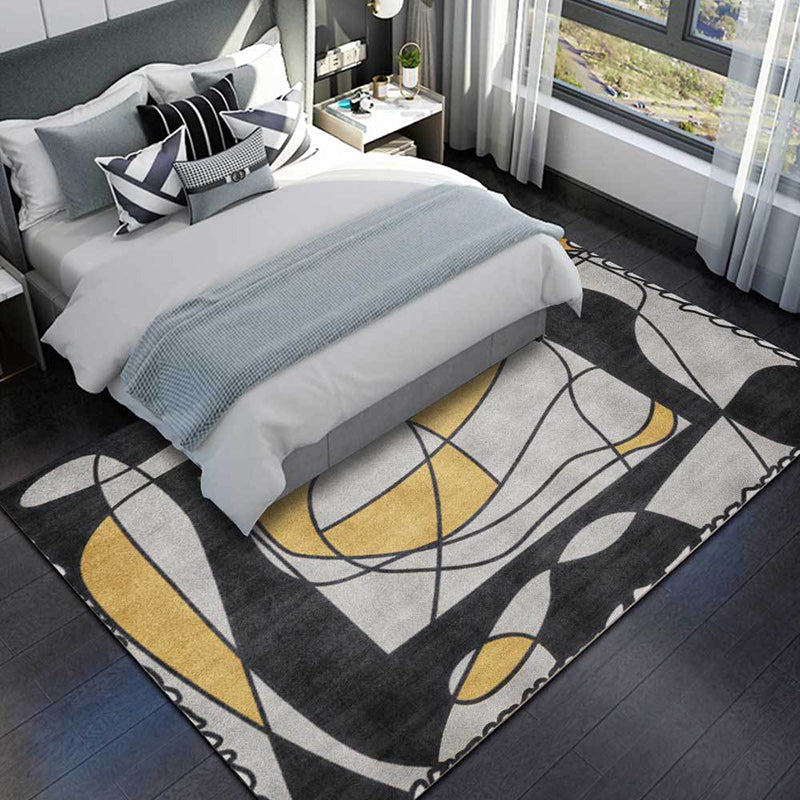 Sikunuo | Novelty Living Room Rug in Gray Colorblock Line Print Rug Polyester Machine Washable Area Rug