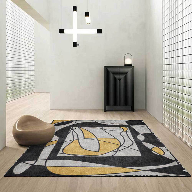 Sikunuo | Novelty Living Room Rug in Gray Colorblock Line Print Rug Polyester Machine Washable Area Rug