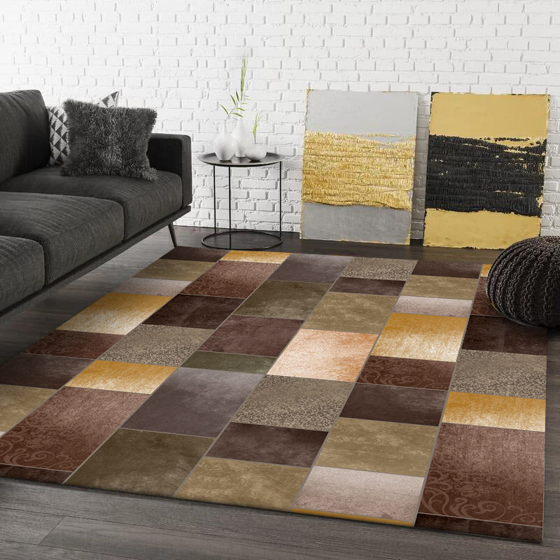 Sikunuo | Novelty living room rug in brown color block rectangle print rug polyester pet-friendly machine washable rug