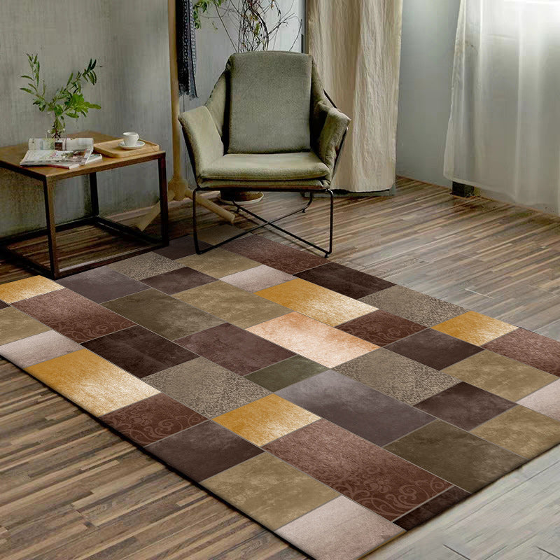 Sikunuo | Novelty living room rug in brown color block rectangle print rug polyester pet-friendly machine washable rug