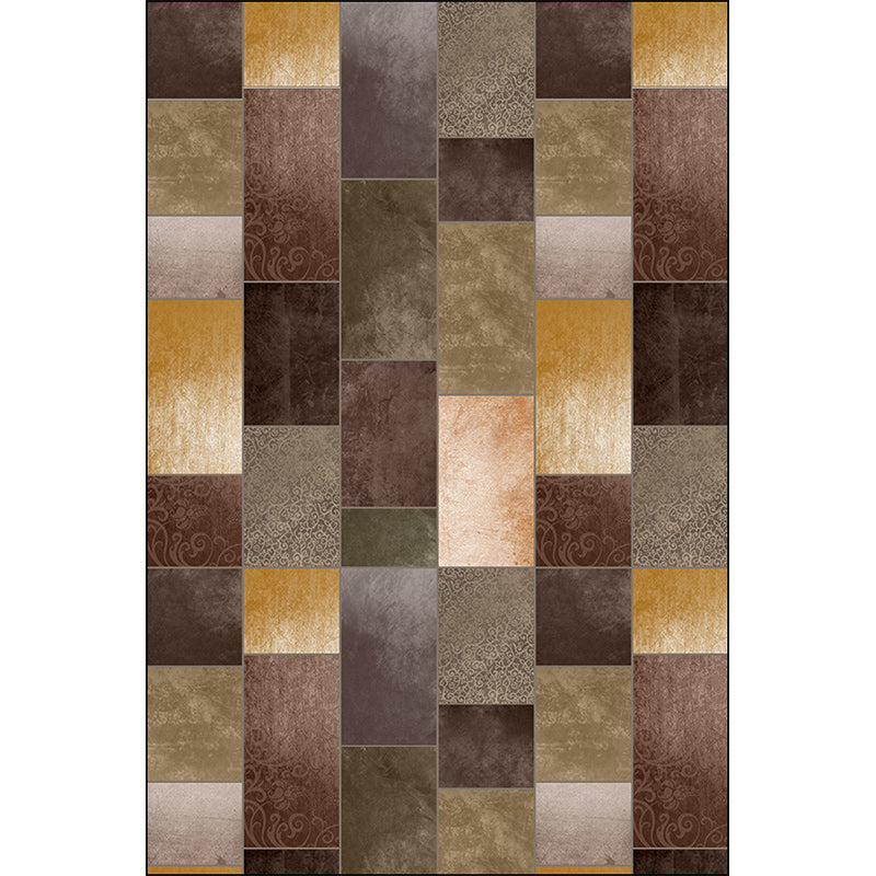 Sikunuo | Novelty living room rug in brown color block rectangle print rug polyester pet-friendly machine washable rug
