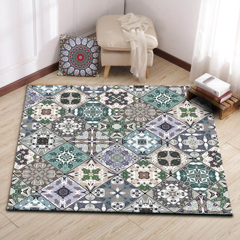 Sikunuo | Retro Moroccan rug in green geometric floral pattern rug Polyester non-slip washable rug for home decor