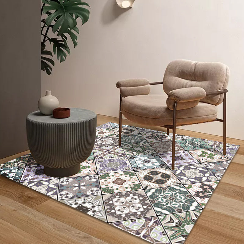 Sikunuo | Retro Moroccan rug in green geometric floral pattern rug Polyester non-slip washable rug for home decor