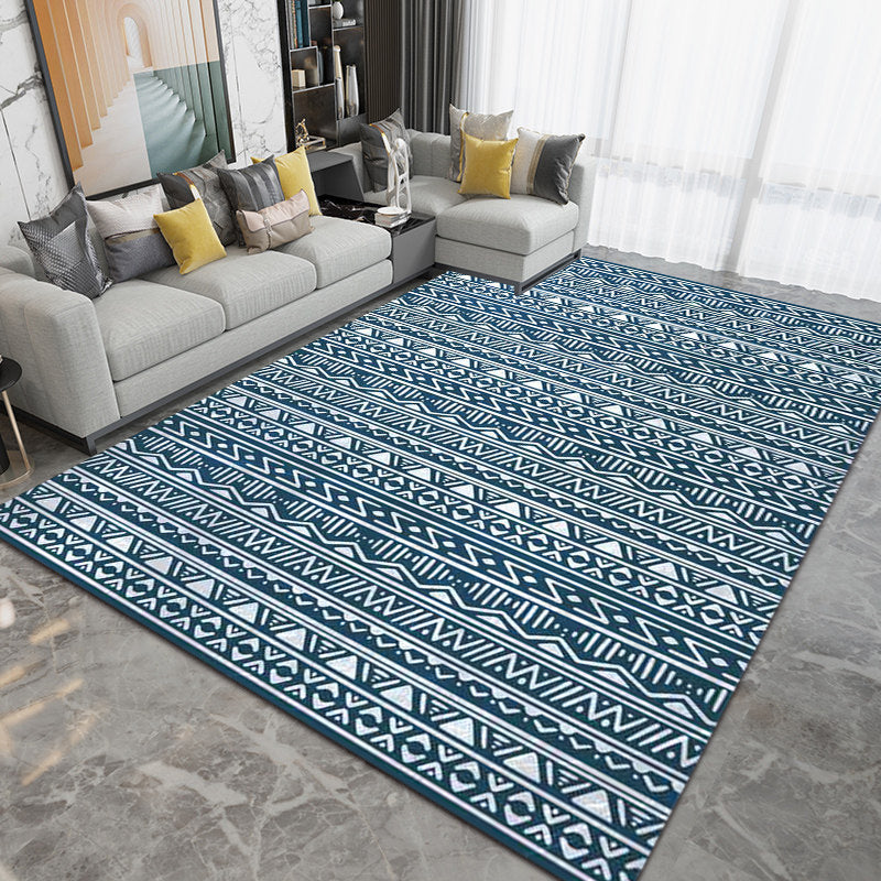 Sikunuo | Blue Bedroom Rug Southwestern Stripes Triangle Pattern Area Rug Polyester Washable Non-Slip Rug